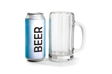 A fake generic labelled tall can of beer with an empty beer stein isolated on white