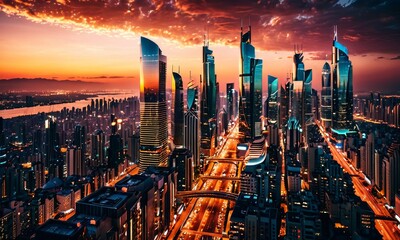 The setting sun bathes a modern city skyline in a warm glow, with traffic weaving through the heart of the metropolis. This high-rise landscape is awash with the day's last light. AI generation
