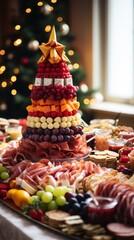 Festive table with snacks from sausages and cheeses, fruits and berries, a gala feast
Concept: holiday menu and cooking, catering services.