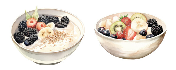 Delicious oatmeal bowls with fruits and seeds