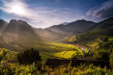 Papier Peint photo Mu Cang Chai ​Landscape of Rice fields on terraced at the sunset time of Mu Cang Chai District at sunrise time,
