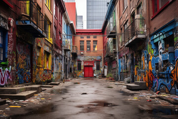 Naklejka premium A gritty urban alleyway adorned with graffiti and street murals, showcasing the raw and authentic spirit of the city