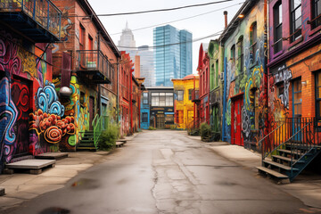 A gritty urban alleyway adorned with graffiti and street murals, showcasing the raw and authentic...