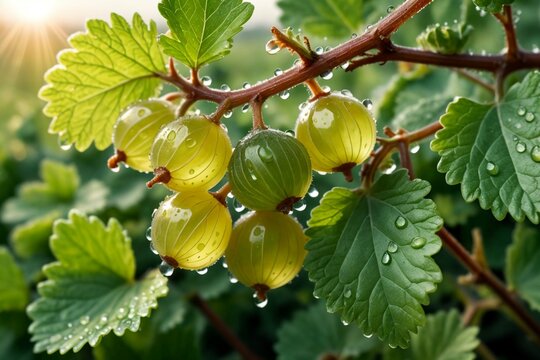 ripe gooseberries on a branch outdoors