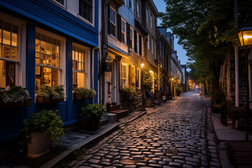 A charming cobblestone street lined with quaint storefronts and historic buildings, evoking a sense...