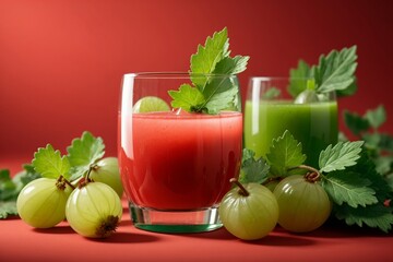 gooseberry juice in a glass isolated on a red background - obrazy, fototapety, plakaty