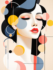 A woman in style of abstract composition of geometric shapes in bold colors