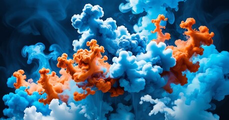 Vivid orange and blue hues clash and meld in the sky, creating a bold and abstract cloudscape. The image conveys a powerful force and energy, as if witnessing an atmospheric spectacle. AI generation