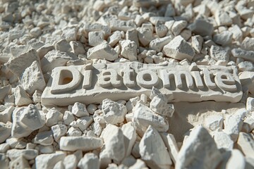 Detailed close-up of the word Diatomite engraved on a chunky, white sedimentary rock suggestive of purity and natural sources