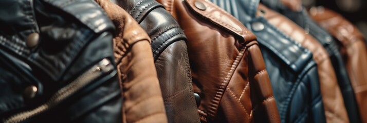 A range of leather jackets displayed in a row, highlighting variety and fashion - obrazy, fototapety, plakaty