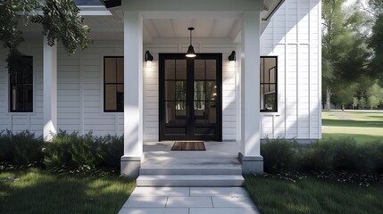 an image that emphasizes the texture of the white siding and the sleek design of the black front door on a modern farmhouse attractive look