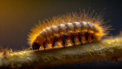 Close-up of a golden hairy caterpillar on a rough surface, illuminated, showcasing intricate details and textures.