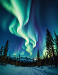 The majestic aurora borealis dances over a snow-covered forest path, offering a breathtaking natural spectacle in the tranquil night.