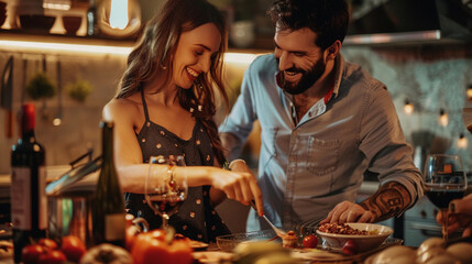 A couple enjoying a romantic cooking date night at home, savoring the process of creating a gourmet meal together