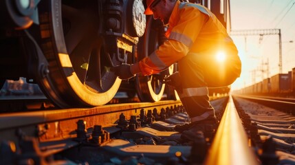 Engineer in reflective clothing inspects train wheels during golden hour - obrazy, fototapety, plakaty