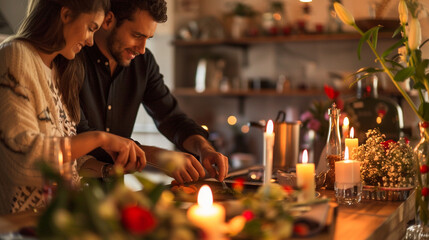 A couple preparing a romantic dinner together for Valentine's Day, setting the table with candles and fresh flowers