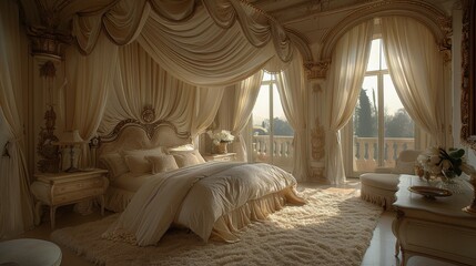 Fototapeta na wymiar Elegant Bedroom With Large Bed and Chandelier