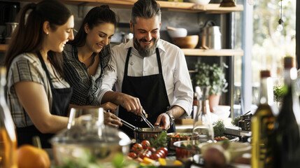 A couple attending a cooking class together, learning new techniques and recipes under the guidance of a professional chef