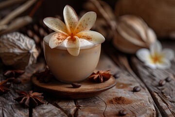 Fototapeta na wymiar cocoa milk cream flower hot wooden coffee background wood food. generative ai