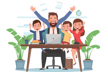 Contented businessman enjoys quality time with his family, illustrating the benefits of workplace flexibility and the importance of maintaining a healthy work-life balance - obrazy, fototapety, plakaty