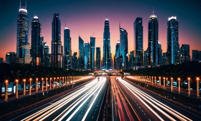 Fototapeta premium Nightfall brings a city to life with twinkling stars above and luminous streets below. The urban sprawl gleams under a celestial blanket, inviting exploration. AI generation