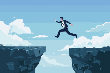 Courageous businessman leaps from one cliff to another, representing a daring career change or transition into a new industry, a concept of professional growth and adaptability