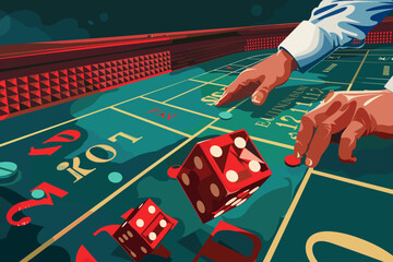 Daring businessman rolls the dice on a craps table, embracing risk and gambling on chance, a concept of business probability and potential rewards - obrazy, fototapety, plakaty