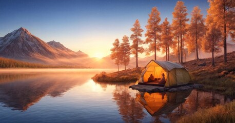 A camper enjoys the last light of day from the comfort of a tent on a secluded lake island, surrounded by a forest ablaze with fall colors. The peaceful alpine landscape reflects the harmony of a