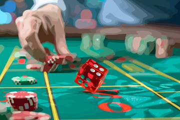 Daring businessman rolls the dice on a craps table, embracing risk and gambling on chance, a concept of business probability and potential rewards - obrazy, fototapety, plakaty