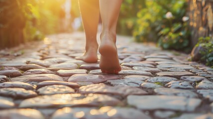 Barefoot person walking on cobblestone path with sunlight flaring - obrazy, fototapety, plakaty