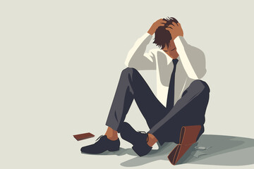 Dejected businessman sits on the ground with an empty wallet, facing financial loss, bankruptcy, and ruin, a concept of business failure and hardship