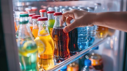 Person is selecting soda bottle from refrigerator filled with various colorful beverages