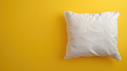 White pillow on bright yellow background, minimalistic home decor concept - obrazy, fototapety, plakaty