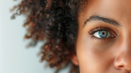 Close-up of woman's face focusing on her blue eye and curly hair - obrazy, fototapety, plakaty