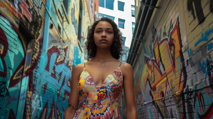 An urban alleyway with graffiti art, showcasing a businesswoman in a trendy summer dress with a...