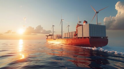 Eco-friendly cargo ship powered by wind turbines sailing at sunset