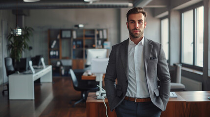 Fototapeta na wymiar An executive in a sharp suit stands erect in a slick, contemporary office with a large desk and is facing the camera with confidence. A professional attitude is shown by the well-lit workspace with na