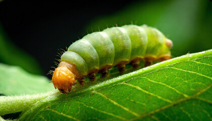 Close-up of a vibrant green caterpillar with an orange head, crawling on a fresh green leaf, highlighted by soft light.