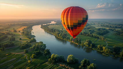 Above a mosaic of verdant meadows and meandering rivers, a vibrant hot air balloon descended.