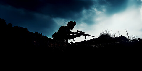 Silhouette of soldier in prone position with rifle against dark sky, tense atmosphere in a dramatic battlefield setting