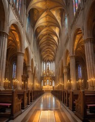 The grandeur of a cathedral's interior, showcasing soaring gothic arches and vibrant stained glass windows with a rich play of light and shadows