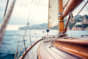 View from the deck of a classic sailboat, wooden details and sails against coastal landscape