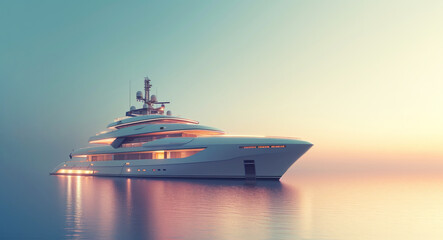 Luxury yacht anchored in calm waters during sunrise, soft light reflecting off its sleek, modern design