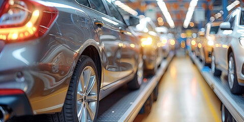 Row of new cars on production line in factory, bokeh lights highlighting automotive industry