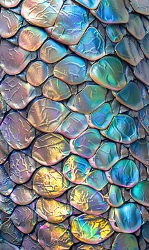 An iridescent fish scale-like pattern with vibrant colors