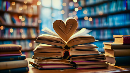 Book with open page of literature in heart shape and stack piles of textbooks on reading desk in...