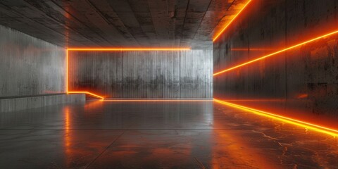 orange neon installation in a concrete interior