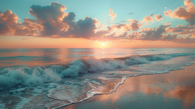 A tranquil beach at sunrise, with pastel colors painting the sky and gentle waves washing ashore