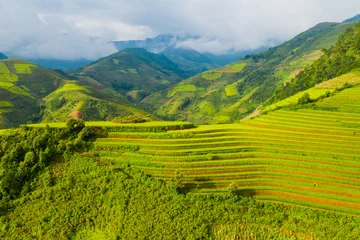 Photo sur Plexiglas Mu Cang Chai Aerial top view of paddy rice terraces, green agricultural fields in countryside or rural area of Mu Cang Chai, Yen Bai, mountain hills valley at sunset in Asia, Vietnam. Nature landscape background.