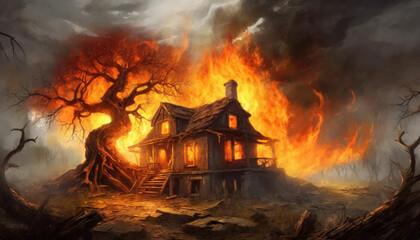 Mysterious fantasy scene with burning big tree and house. World of fire. - obrazy, fototapety, plakaty